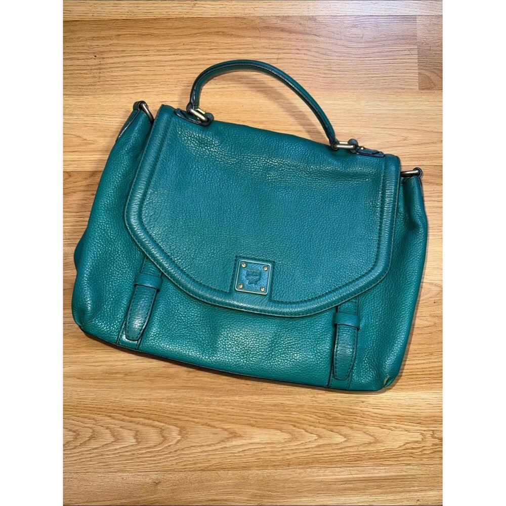 MCM Top Handle Bag Green Leather Crossbody Large